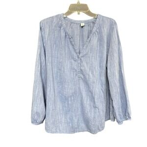 Old Navy Blue Striped V-Neck Button Up Long Sleeve Tunic Shirt Womens XL Cottage